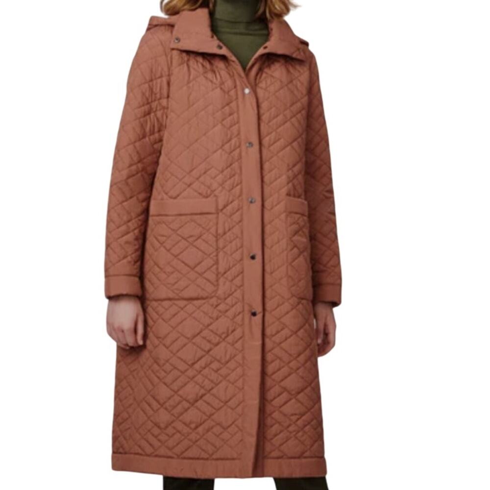 BERNARDO NWOT Long-Line Removable Hood Snap Front w/Pockets Quilted Coat L Clay